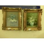 Two ornate gilt framed oil on boards of still life, one signed Jancy Lee