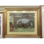 A framed and glazed print of horses in stable after Volkers