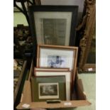 A tray containing a quantity of prints to include horse racing, buildings, seascapes etc.