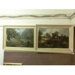 A pair of framed oil paintings of buildings in countryside scenes signed H Cooper