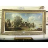 A gilt framed oil painting of Dutch lake scene