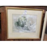 A framed and glazed enhanced watercolour of gate by wood scene signed John Straw