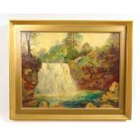 James Hardaker (British, 1901-1991) waterfall in woods oil on board signed 44 cm x 35 cm