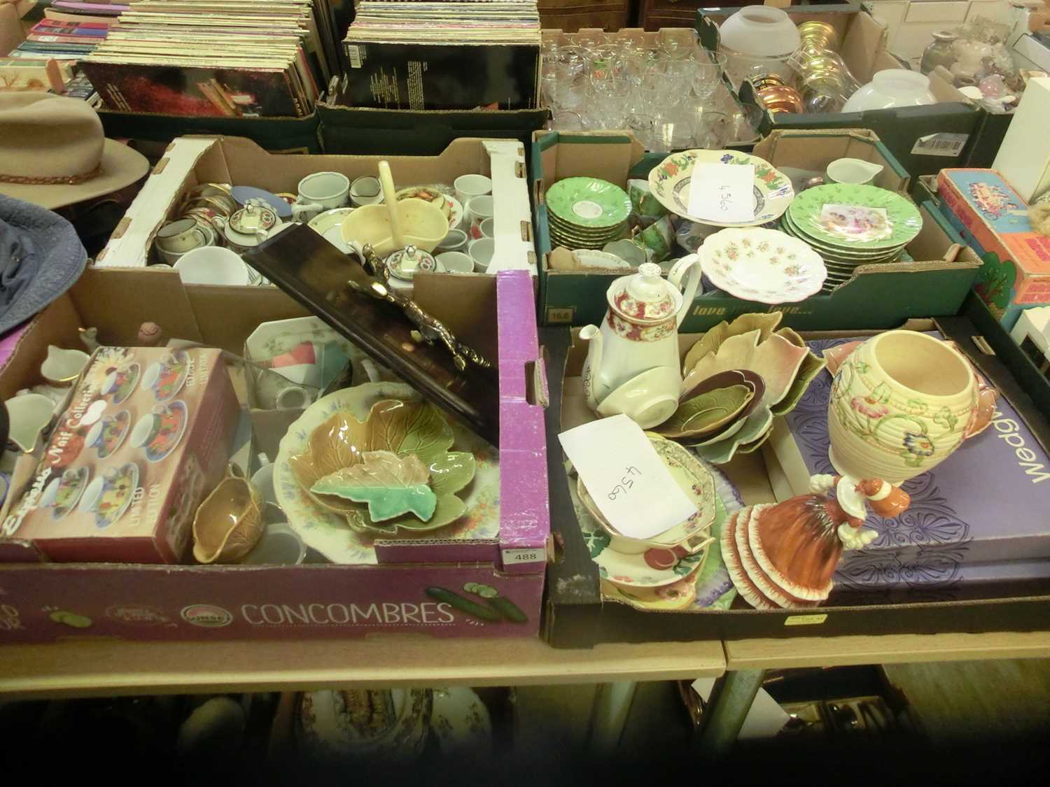 Four trays of ceramic ware to include a Coalport figurine, plates, etc