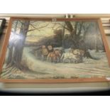 A framed oil on board of horses through wood scene