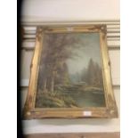 A gilt framed oil on canvas of river through wood scene