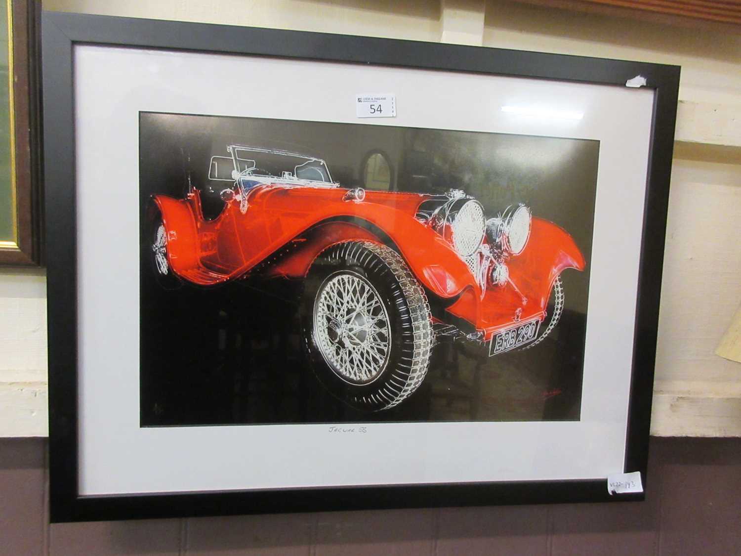 A framed and glazed print/possible watercolour of Jaguar SS signed bottom right