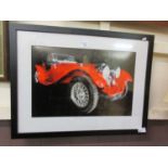 A framed and glazed print/possible watercolour of Jaguar SS signed bottom right