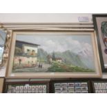 A mid-20th century framed oil of continental countryside, mountains and houses signed bottom left