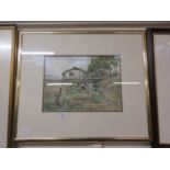 A framed and glazed watercolour of a boat house with rowing boats, signed bottom left