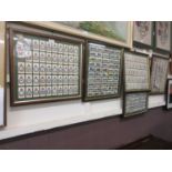 Five framed and glazed collections of cigarette cards to include military personnel, steam