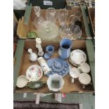 Two trays of ceramic and glassware to include miniature Jasperware tea set, decanter, vases, etc