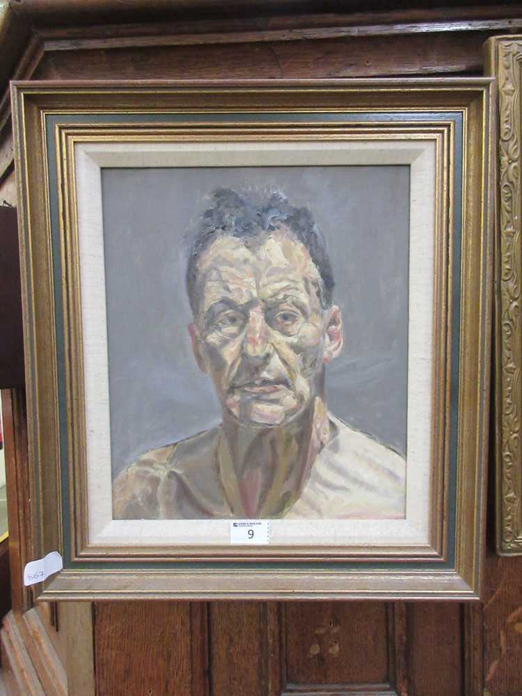 A framed oil on board of gentleman's face. Appears to be an imitation painting of Lucian Freud's '