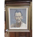 A framed oil on board of gentleman's face. Appears to be an imitation painting of Lucian Freud's '