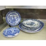 A selection of blue and white ceramic tableware to include Johnson Bros, Copeland Spode, etc