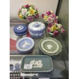 A selection of ceramic items to include blue and green Wedgwood Jasperware along with three