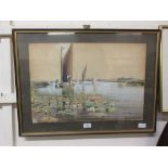 A framed and glazed enhanced watercolour of sailing vessels before lilies signed C.M.Wigg