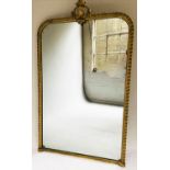 OVERMANTEL MIRROR, 178cm H x 102cm W, Victorian giltwood arched rectangular frame, with shield