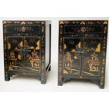 CHINOISERIE CABINETS, a pair, lacquered and gilt chinoiserie decorated, each with drawer and two