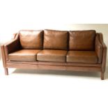 DANISH SOFA, 1970's, mid brown leather three seater, 185cm W.