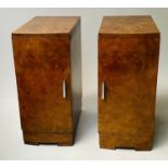 BEDSIDE CHESTS, a pair, Art Deco burr walnut, each bowfronted with door enclosing three drawers,