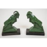 BOOKENDS, a pair, signed M. Le Vennier, Art Deco rams in green on metal bases. 18cm H x 13cm W. (2)
