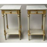 LAMP TABLES, a pair, early 20th century Louis XVI, giltwood and painted, each with frieze drawer,