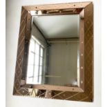 ART DECO WALL MIRROR, rectangular bevelled within peach incised marginal frame, in the manner of Max