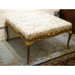 HEARTH STOOL, 53cm H x 93cm W x 93cm D, Louis XV style giltwood in toile de jouy fabric