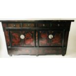 CHINESE SIDE CABINET, early 20th century, lacquered and scarlet paint decoration, with four