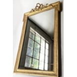 WALL MIRROR, 19th century French, giltwood and gesso rectangular beaded frame and ribbon crest,