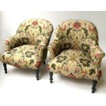 ARMCHAIRS, a pair, Victorian with rounded back and arms and exotic bird and foliate weave fabric