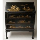 BUREAU, early 20th century 1920's, lacquered and gilt Chinoiserie decorated, with foldover writing