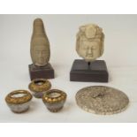 MARBLE BUDDHA HEAD, along with a Cambodian sandstone head, three rock crystal bowls with metal