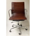 REVOLVING DESK CHAIR, Charles and Ray Eames inspired, ribbed leather, revolving and reclining on