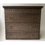 CHEST, West African Anglo Colonial, carved hardwood and brass mounted, with two short above three