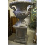 GARDEN URN, 148cm H x 96cm W x 69cm D, 18th century style, reconstituted stone, on plinth.