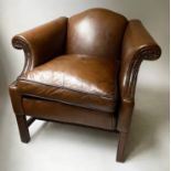 CLUB ARMCHAIR, George III style mahogany, with natural hide leather upholstery and stretchered