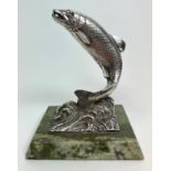 LEAPING SALMON, Scottish Art Deco silver plate on marble plinth base, 14cm H