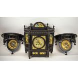 AESTHETIC MOVEMENT MANTEL CLOCK, ebonised with gilt and chinoiserie hand painted bird and foliate