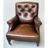 CLUB ARMCHAIR, 19th century club style, buttoned aged studded brown leather, with turned supports,