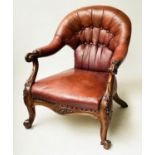 LIBRARY ARMCHAIR, Victorian, carved mahogany, with antique Morocco buttoned leather upholstery, 69cm