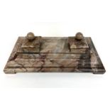 MARBLE DESK STAND, French Art Deco circa 1930, with two inkwells and pen trays, 45cm x 24cm