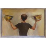 20th CENTURY SCHOOL 'Boy Holding two Bowls', oil on canvas, 124cm x 105cm, framed.