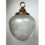 CEILING LANTERN, early 20th century etched glass and copper, approx 50cm H.