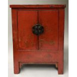 CHINESE CABINET, antique 19th century scarlet lacquered and gilt decorated with two doors, 54cm x