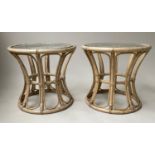 LAMP TABLES, a pair, circular mid 20th century faded rattan and cane bound of waisted form with