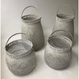 STORM LANTERNS, two pairs, grey painted split cane basket weave with mother of pearls roundels,
