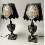 TOLEWARE TABLE LAMPS, a pair, craquelure sepia and cream decorated vase form with shades, 56cm H. (
