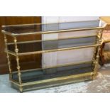 ETAGERE, 76cm H x 121cm x 28cm, mid 20th century Italian brass with three inset tinted glass tiers.